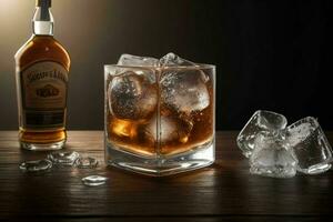 AI generated Rum splash with ice cubes. Pro Photo