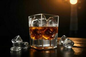 AI generated whiskey splash with ice cubes. Pro Photo