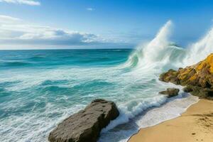 AI generated Sea waves hitting rocks on a beautiful beach. Pro Photo