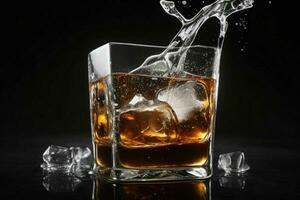 AI generated whiskey splash with ice cubes. Pro Photo