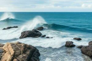 ai generado mar olas golpear rocas en un hermosa playa. Pro foto