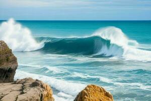 ai generado mar olas golpear rocas en un hermosa playa. Pro foto