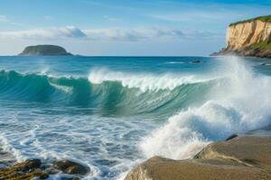 AI generated Sea waves hitting rocks on a beautiful beach. Pro Photo