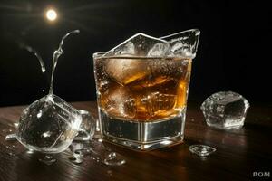 AI generated Rum splash with ice cubes. Pro Photo