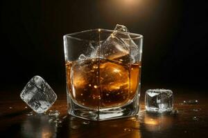 AI generated Rum splash with ice cubes. Pro Photo