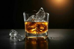 AI generated whiskey splash with ice cubes. Pro Photo