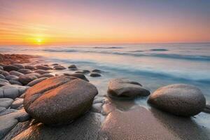 ai generado hermosa rocas en el playa a puesta de sol. Pro foto