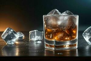 AI generated Rum splash with ice cubes. Pro Photo