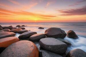 AI generated beautiful rocks on the beach at sunset. Pro Photo
