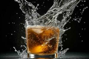 AI generated Rum splash with ice cubes. Pro Photo