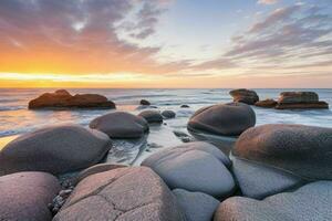 AI generated beautiful rocks on the beach at sunrise. Pro Photo