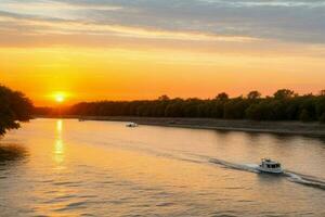 AI generated Golden hour sunset on the lake. Pro Photo