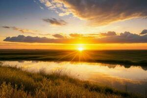 ai generado dorado hora puesta de sol en el río. Pro foto