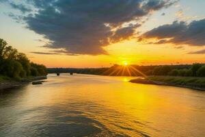 ai generado dorado hora puesta de sol en el lago. Pro foto