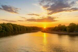 ai generado dorado hora puesta de sol en el río. Pro foto
