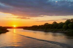 AI generated Golden hour sunset on the river. Pro Photo