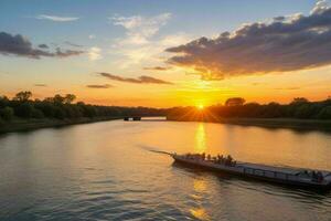ai generado dorado hora puesta de sol en el río. Pro foto