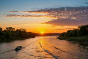 AI generated Golden hour sunset on the river. Pro Photo