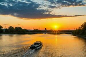 ai generado dorado hora puesta de sol en el río. Pro foto