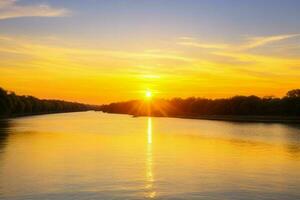 ai generado dorado hora puesta de sol en el lago. Pro foto