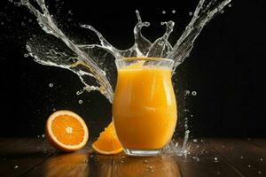 AI generated Orange juice splash with ice cubes. Pro Photo