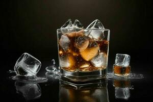 AI generated Rum splash with ice cubes. Pro Photo