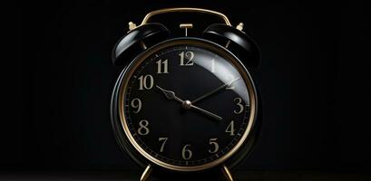 AI Generated Black round old alarm clock on black background photo