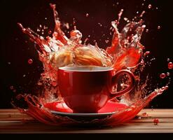 AI Generated A red cup with liquid splashing. Drink splash in a cup photo