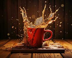 AI Generated A red cup with liquid splashing. Drink splash in a cup photo