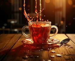 ai generado un rojo taza con líquido salpicando bebida chapoteo en un taza foto