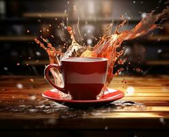 AI Generated A red cup with liquid splashing. Drink splash in a cup photo