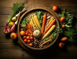 AI Generated Fresh vegetables on a wooden board. Vegetables on a board photo