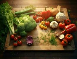 AI Generated Fresh vegetables on a wooden board. Vegetables on a board photo