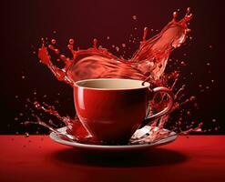 ai generado un rojo taza con líquido salpicando bebida chapoteo en un taza foto