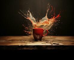 AI Generated A red cup with liquid splashing. Drink splash in a cup photo