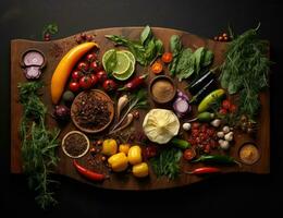 AI Generated Fresh vegetables on a wooden board. Vegetables on a board photo