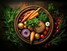 AI Generated Fresh vegetables on a wooden board. Vegetables on a board photo