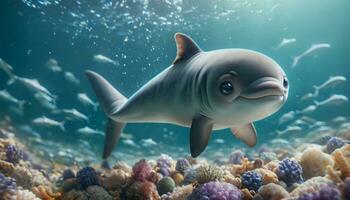 ai generado animado delfín en vibrante submarino escena foto