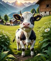 AI Generated Cow in Picturesque Mountain Landscape photo