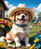 ai generado mullido perros vaquero Sueños en medio de vistoso floraciones foto