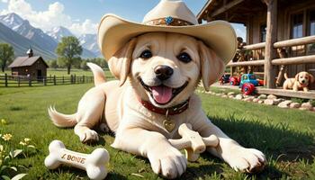 ai generado vaquero perros juguetón día en verde yarda foto