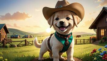 AI Generated Sunset Countryside Fluffy Dogs Western Dream photo