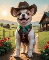 AI Generated Countryside Charm Dog in Cowboy Hat photo