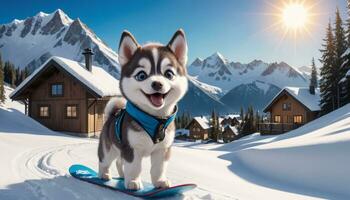 AI Generated Snowboarding Husky Pup in Sunny Mountains photo