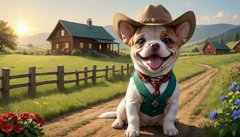 AI Generated Dogs Countryside Adventure at Sunset photo