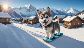 AI Generated Snowboarding Husky Pup in Sunny Mountains photo