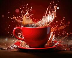 AI Generated A red cup with liquid splashing. Drink splash in a cup photo