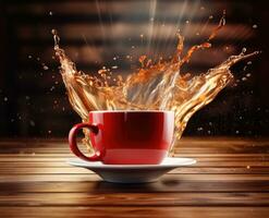 AI Generated A red cup with liquid splashing. Drink splash in a cup photo