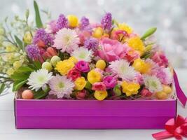 ai generado flores colocar. hermosa lujo ramo de flores en el caja. el trabajo de el florista a un flor tienda. foto