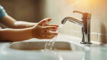 AI generated Anonymous kid washing hands at sink with pouring water from tap during daily hygiene routine in light bathroom at home photo